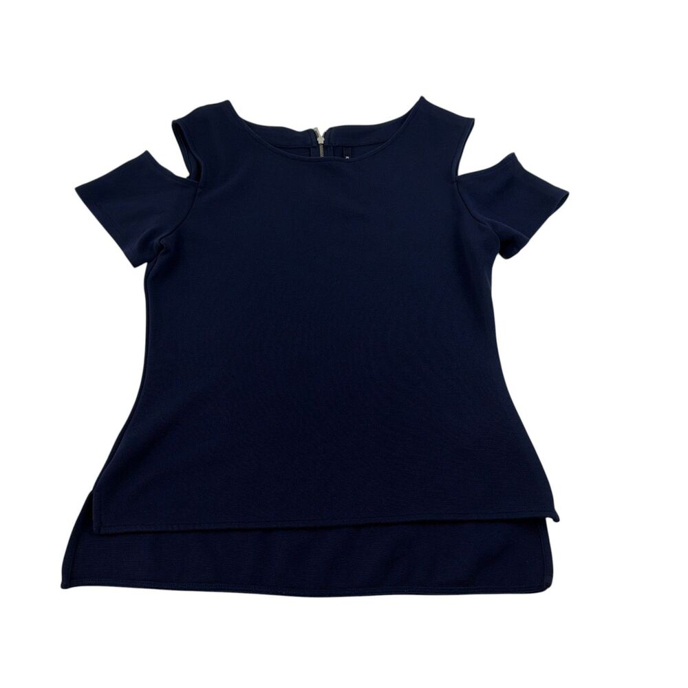 Karen Millen Cold Shouder Top US 6 UK 10 Navy Blue Short Sleeve Stretch Tee